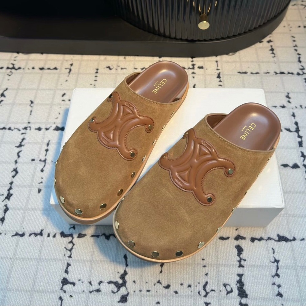 Celine Tan Suede Mules with Brown Accent